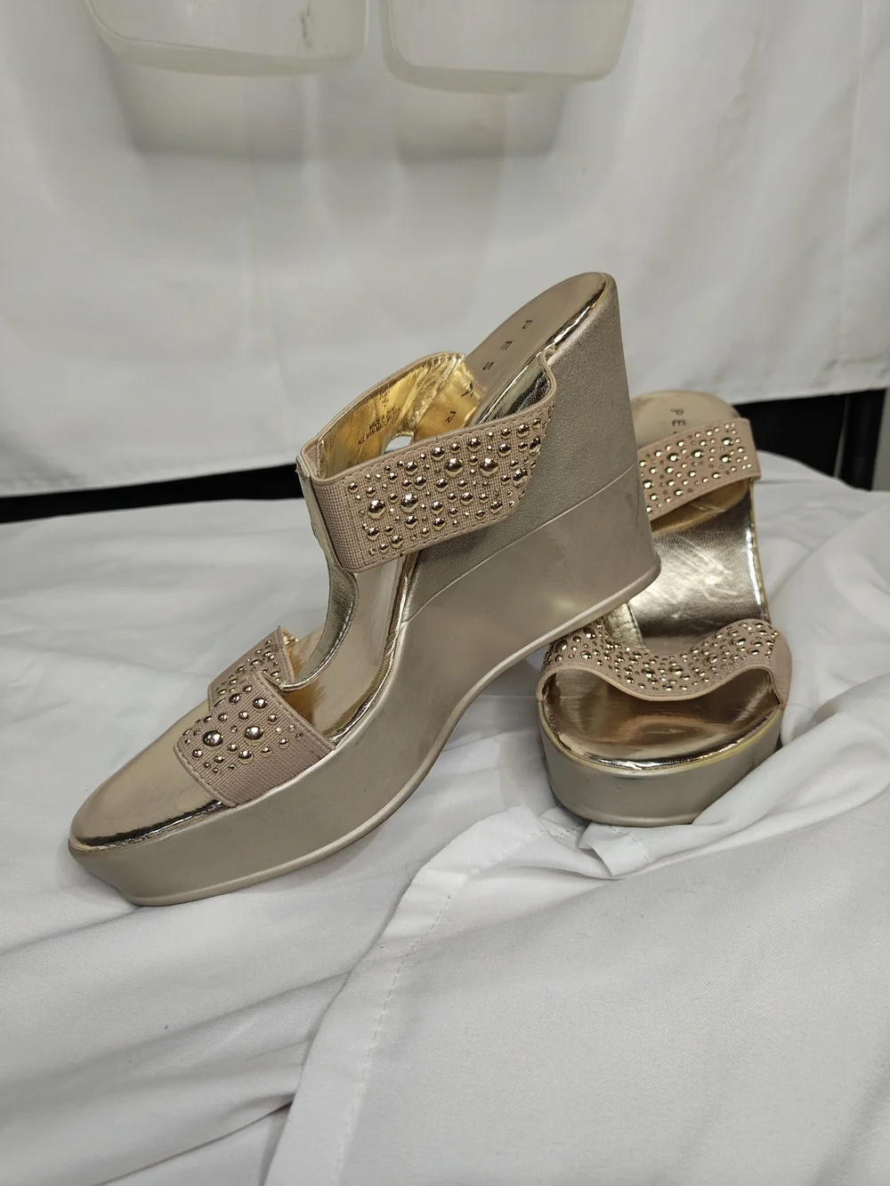 Pesaro Beige Gold Studded Womens Wedge Sandals
